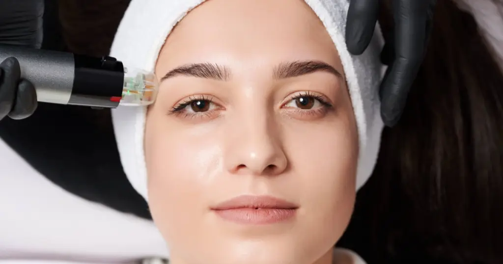 A person with dark hair and a white headband receives microneedling from an esthetician on a treatment table in Yukon OK